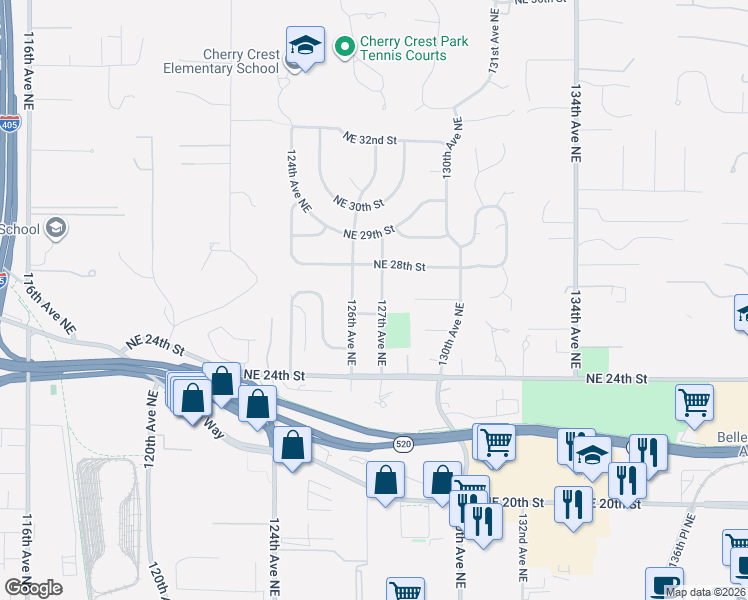 map of restaurants, bars, coffee shops, grocery stores, and more near 2613 127th Avenue Northeast in Bellevue