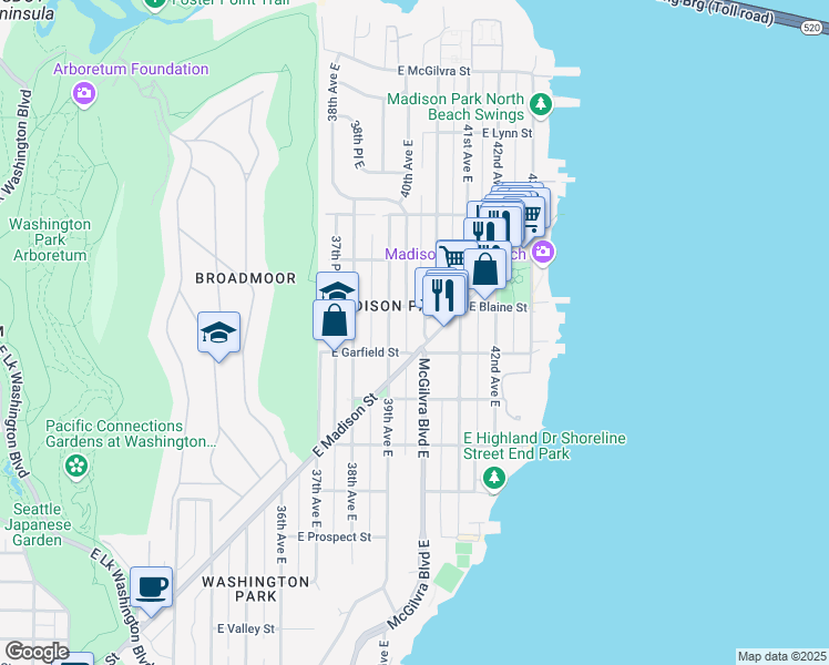 map of restaurants, bars, coffee shops, grocery stores, and more near 1613 McGilvra Boulevard East in Seattle