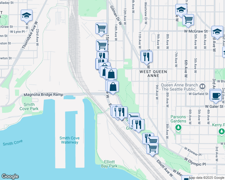 map of restaurants, bars, coffee shops, grocery stores, and more near 1608 15th Avenue West in Seattle