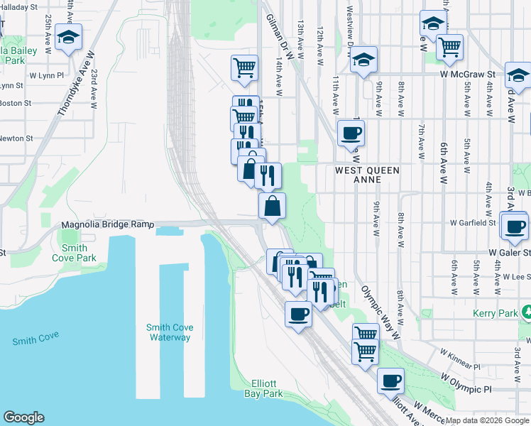map of restaurants, bars, coffee shops, grocery stores, and more near 1608A 15th Avenue West in Seattle