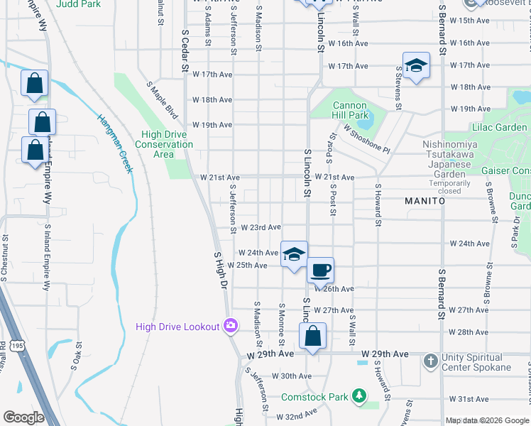 map of restaurants, bars, coffee shops, grocery stores, and more near 2211 South Madison Street in Spokane
