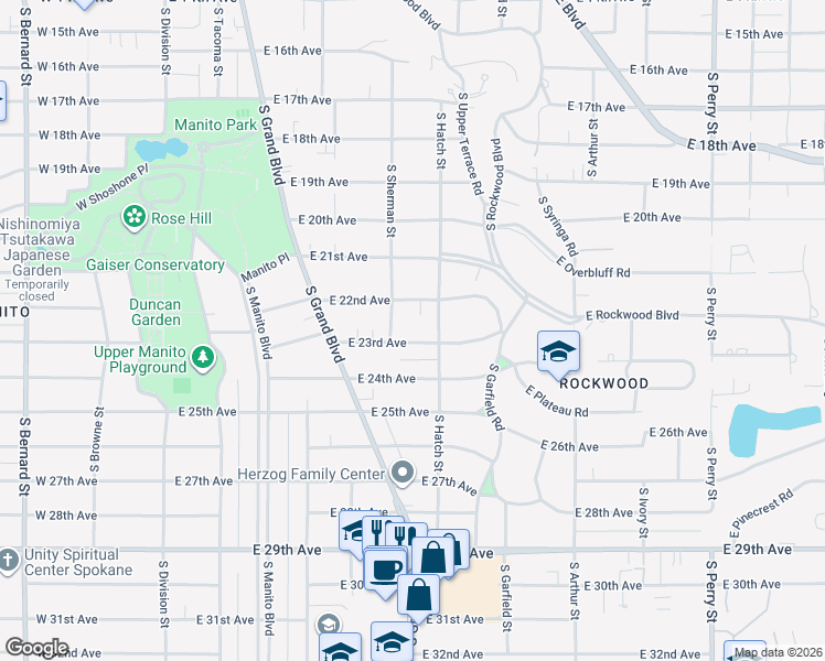 map of restaurants, bars, coffee shops, grocery stores, and more near 2219 South Sherman Street in Spokane