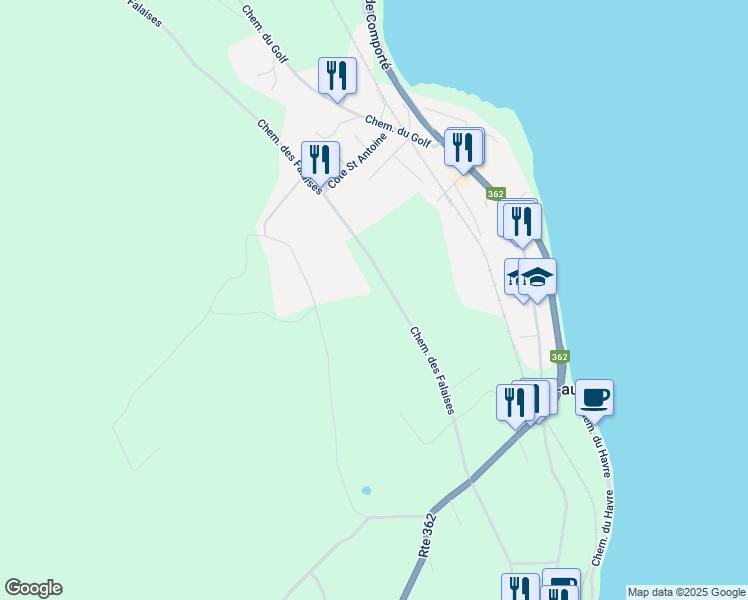 map of restaurants, bars, coffee shops, grocery stores, and more near 640 Chemin des Falaises in La Malbaie