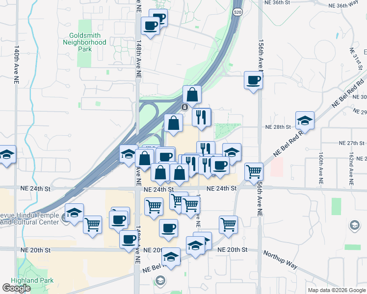 map of restaurants, bars, coffee shops, grocery stores, and more near 2547 151st Place Northeast in Redmond