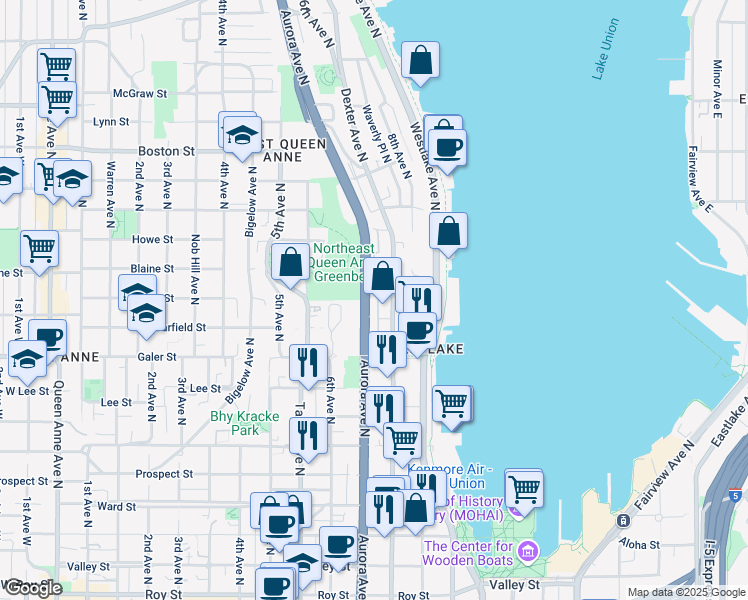 map of restaurants, bars, coffee shops, grocery stores, and more near 1616 Aurora Avenue North in Seattle