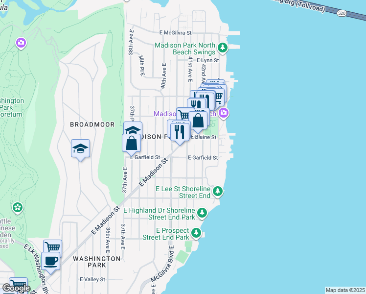 map of restaurants, bars, coffee shops, grocery stores, and more near in Seattle