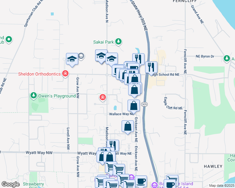 map of restaurants, bars, coffee shops, grocery stores, and more near Camelia Loop Northeast in Bainbridge Island