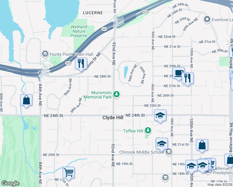 map of restaurants, bars, coffee shops, grocery stores, and more near 9210 Northeast 26th Street in Clyde Hill