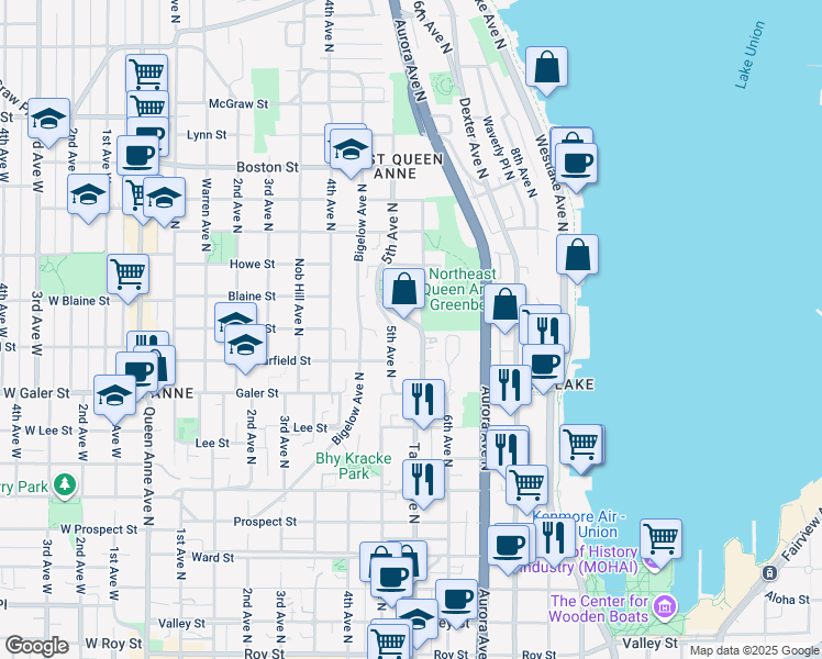 map of restaurants, bars, coffee shops, grocery stores, and more near 1623 Taylor Avenue North in Seattle
