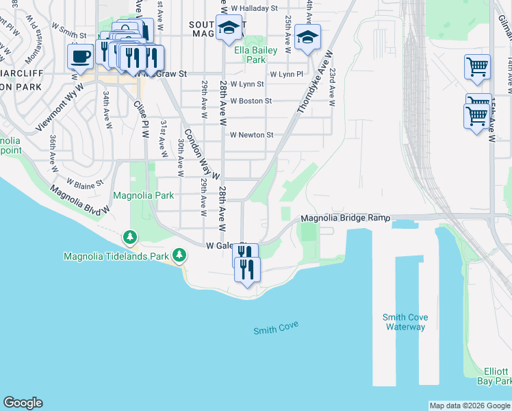 map of restaurants, bars, coffee shops, grocery stores, and more near 1555 Magnolia Way West in Seattle