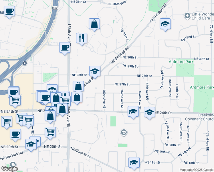 map of restaurants, bars, coffee shops, grocery stores, and more near 16007 Northeast 27th Street in Bellevue