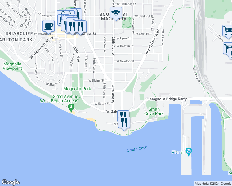 map of restaurants, bars, coffee shops, grocery stores, and more near 1604 28th Avenue West in Seattle