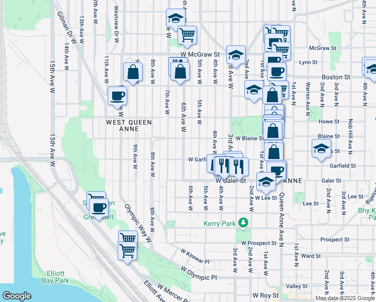 map of restaurants, bars, coffee shops, grocery stores, and more near 1616 6th Avenue West in Seattle