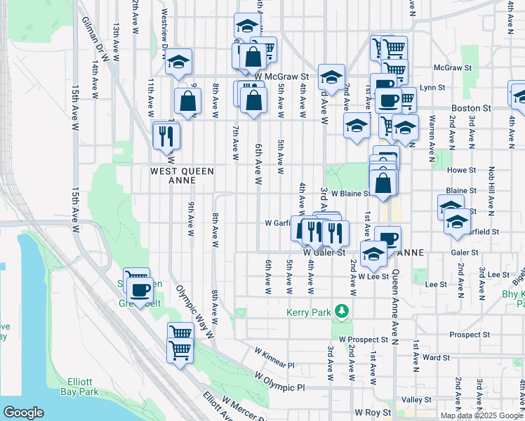 map of restaurants, bars, coffee shops, grocery stores, and more near 1616 6th Avenue West in Seattle