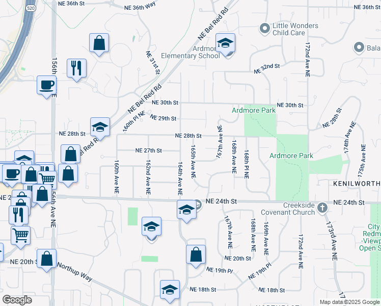 map of restaurants, bars, coffee shops, grocery stores, and more near 2717 165th Avenue Northeast in Bellevue