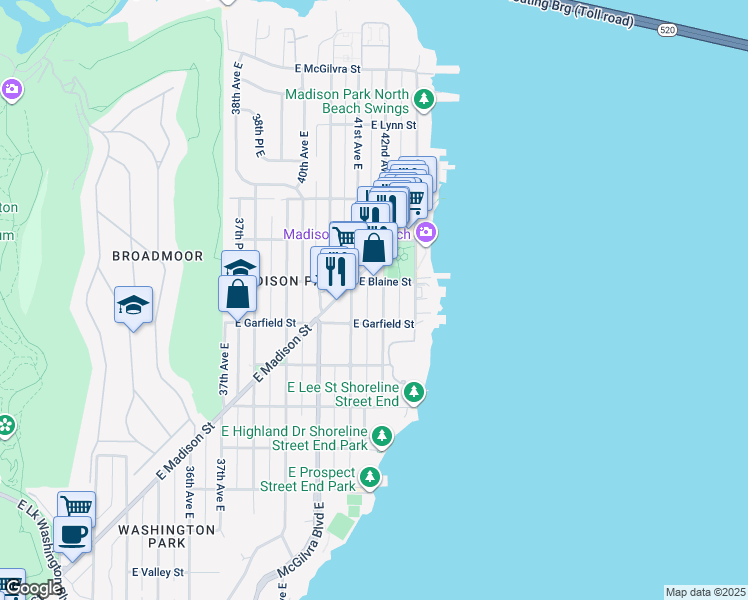 map of restaurants, bars, coffee shops, grocery stores, and more near 1621 42nd Avenue East in Seattle