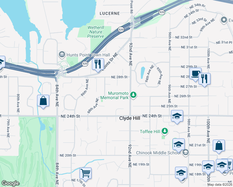 map of restaurants, bars, coffee shops, grocery stores, and more near 9036 Northeast 26th Street in Clyde Hill