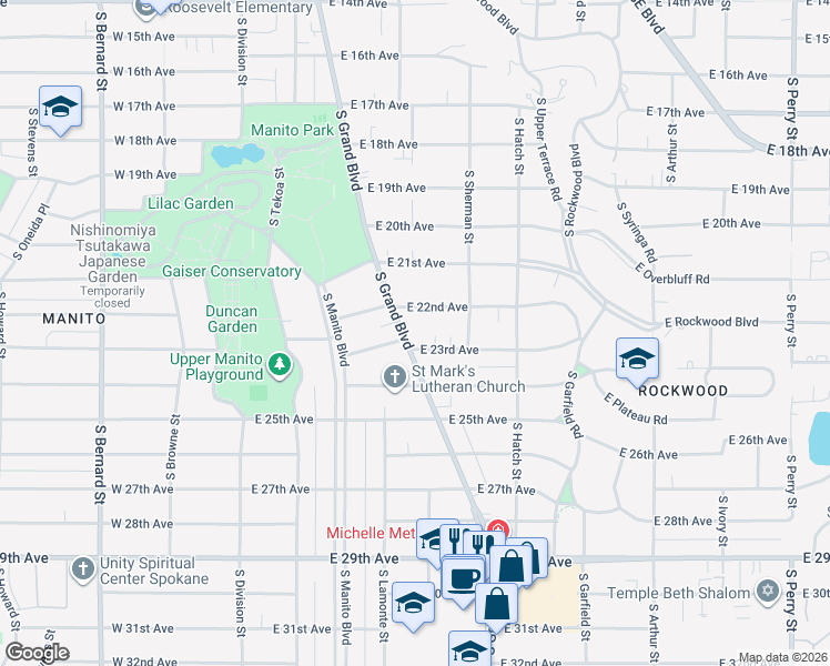 map of restaurants, bars, coffee shops, grocery stores, and more near 2223 South Grand Boulevard in Spokane