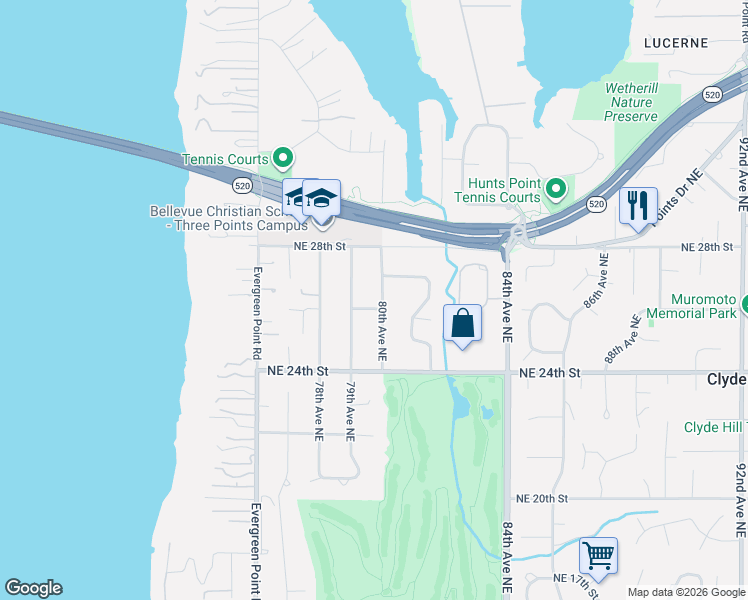 map of restaurants, bars, coffee shops, grocery stores, and more near 7920 Northeast 26th Street in Medina