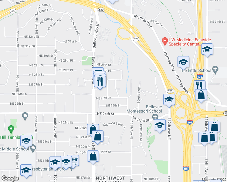 map of restaurants, bars, coffee shops, grocery stores, and more near 2621 107th Avenue Northeast in Bellevue