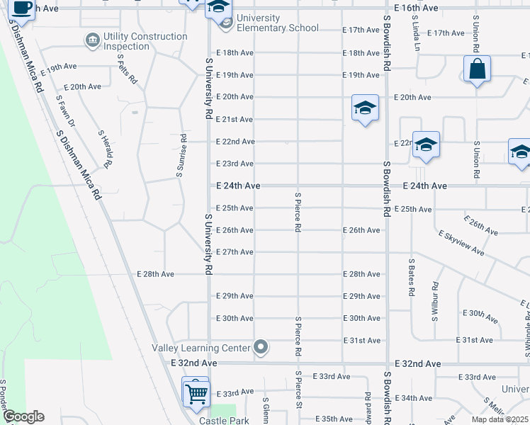 map of restaurants, bars, coffee shops, grocery stores, and more near 10912 East 25th Avenue in Spokane Valley