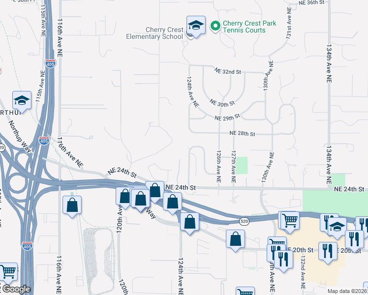 map of restaurants, bars, coffee shops, grocery stores, and more near 2613 124th Place Northeast in Bellevue