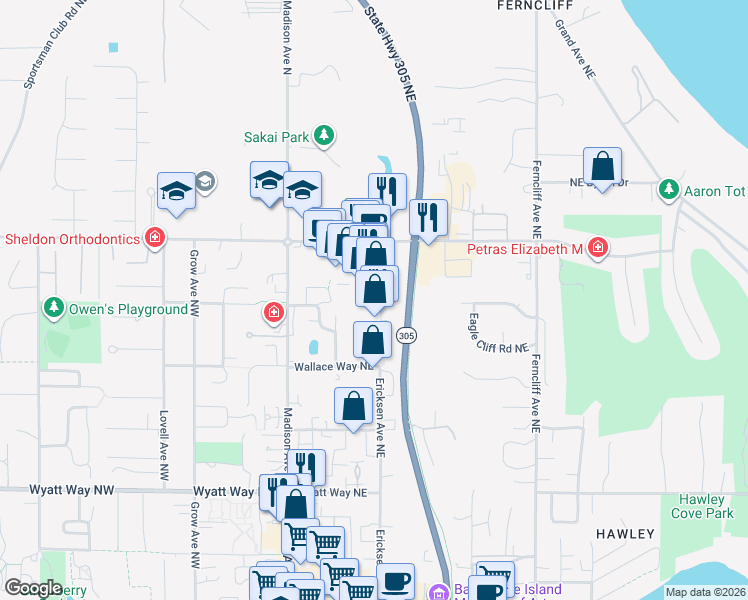 map of restaurants, bars, coffee shops, grocery stores, and more near 363 Tormey Lane Northeast in Bainbridge Island