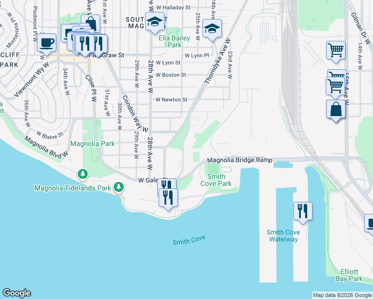 map of restaurants, bars, coffee shops, grocery stores, and more near 1556 Magnolia Way West in Seattle