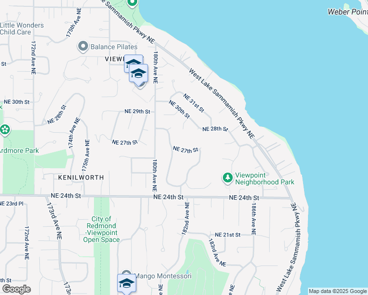 map of restaurants, bars, coffee shops, grocery stores, and more near 18114 Northeast 27th Street in Redmond