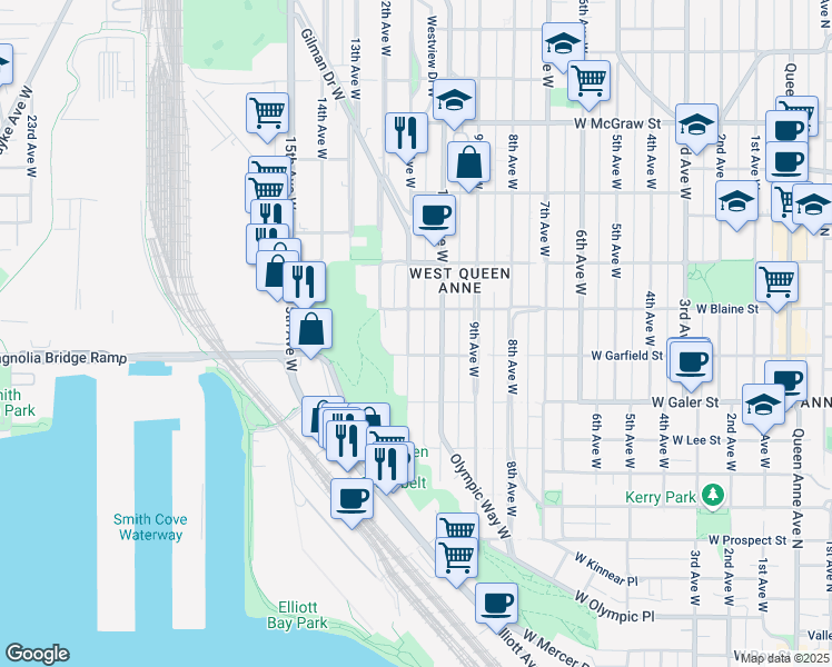 map of restaurants, bars, coffee shops, grocery stores, and more near 1616 11th Avenue West in Seattle