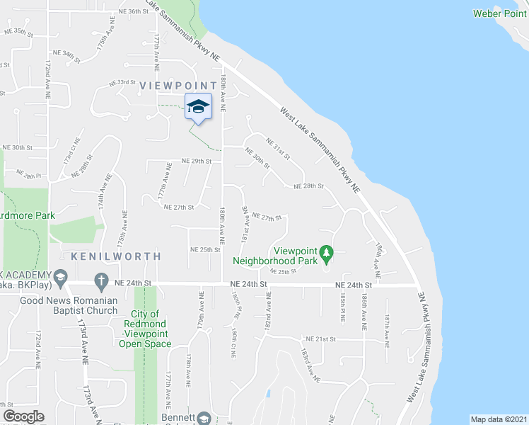 map of restaurants, bars, coffee shops, grocery stores, and more near 18114 Northeast 27th Street in Redmond