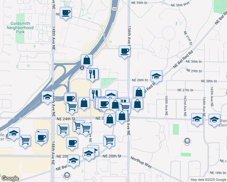 map of restaurants, bars, coffee shops, grocery stores, and more near 2681 Tagore Avenue Northeast in Redmond