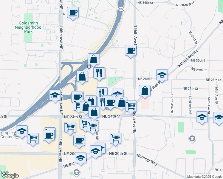 map of restaurants, bars, coffee shops, grocery stores, and more near 15301 Northeast Turing Street in Redmond