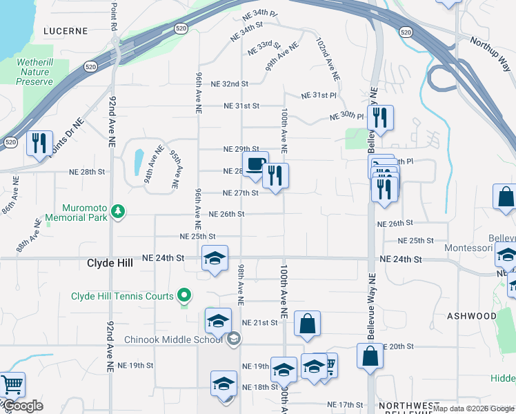 map of restaurants, bars, coffee shops, grocery stores, and more near 9838 Northeast 26th Street in Bellevue
