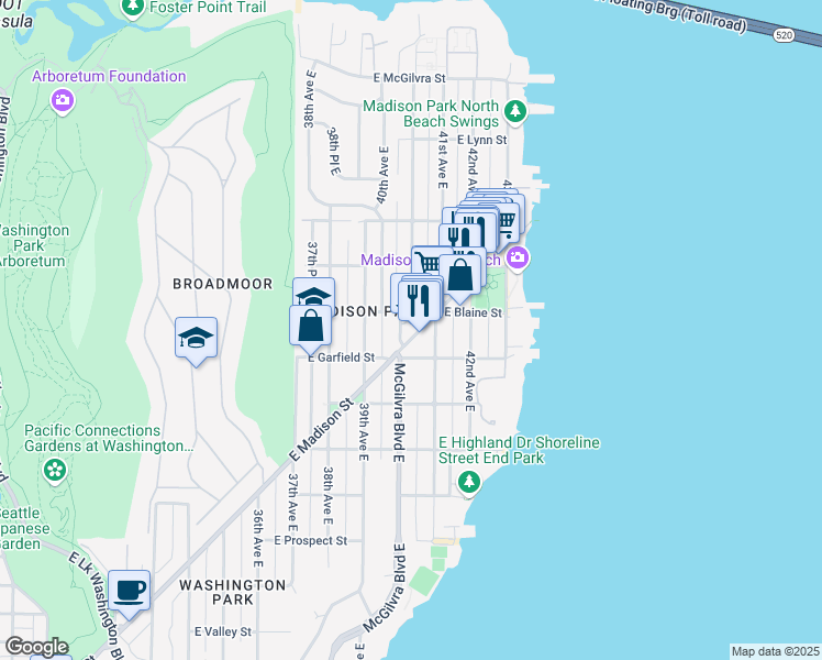 map of restaurants, bars, coffee shops, grocery stores, and more near 1613 McGilvra Boulevard East in Seattle