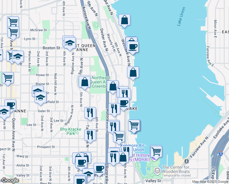 map of restaurants, bars, coffee shops, grocery stores, and more near 1616 Aurora Avenue North in Seattle