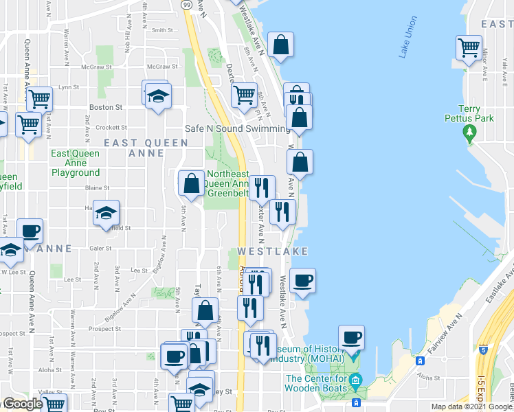 map of restaurants, bars, coffee shops, grocery stores, and more near 1616 Aurora Avenue North in Seattle