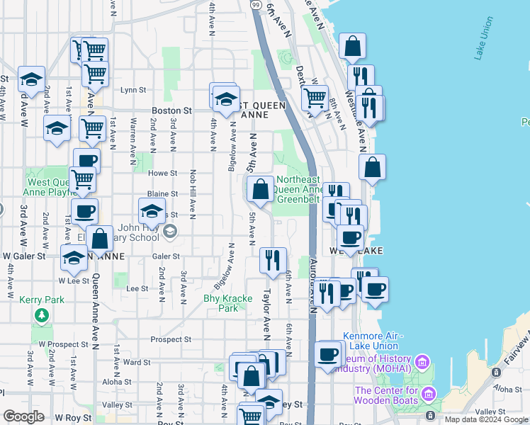 map of restaurants, bars, coffee shops, grocery stores, and more near 1623 Taylor Avenue North in Seattle