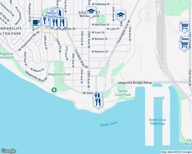 map of restaurants, bars, coffee shops, grocery stores, and more near 1604 28th Avenue West in Seattle