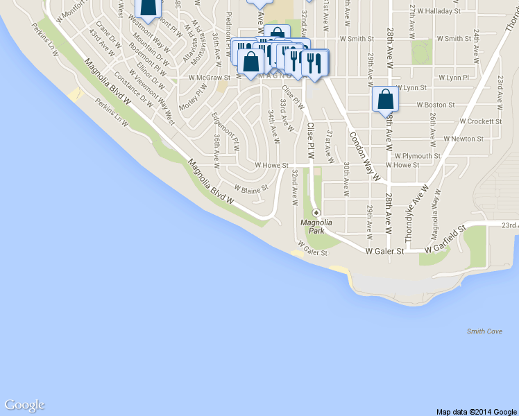 map of restaurants, bars, coffee shops, grocery stores, and more near 1616 Magnolia Boulevard West in Seattle
