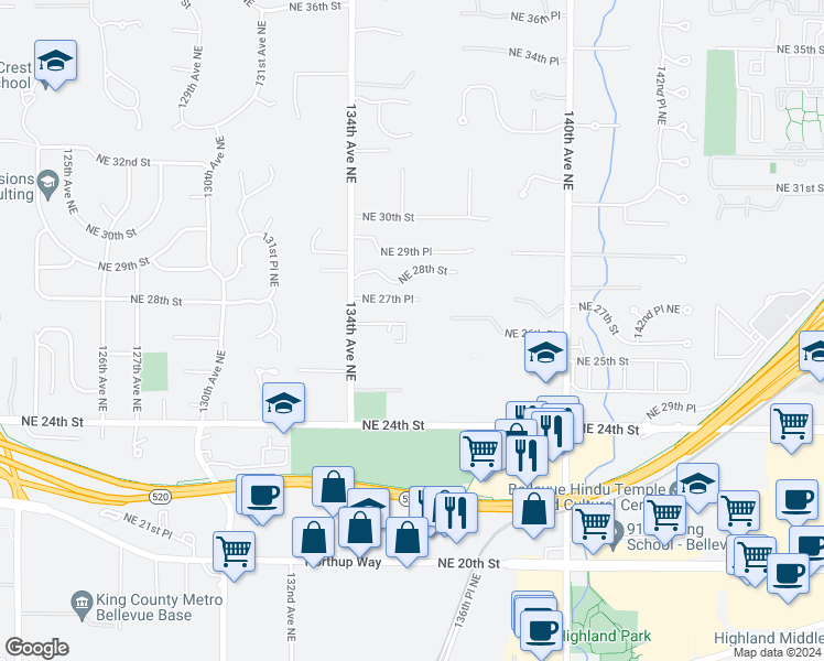 map of restaurants, bars, coffee shops, grocery stores, and more near 13431 Northeast 27th Street in Bellevue