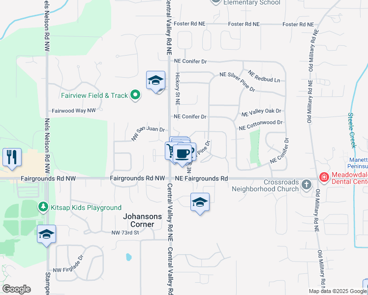 map of restaurants, bars, coffee shops, grocery stores, and more near 7688 Vineyards Lane Northeast in Bremerton
