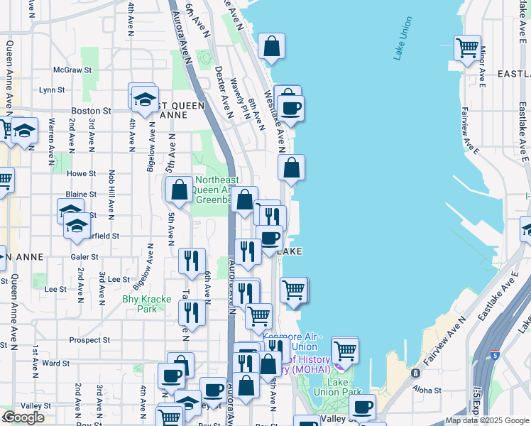 map of restaurants, bars, coffee shops, grocery stores, and more near 762 Hayes Street in Seattle