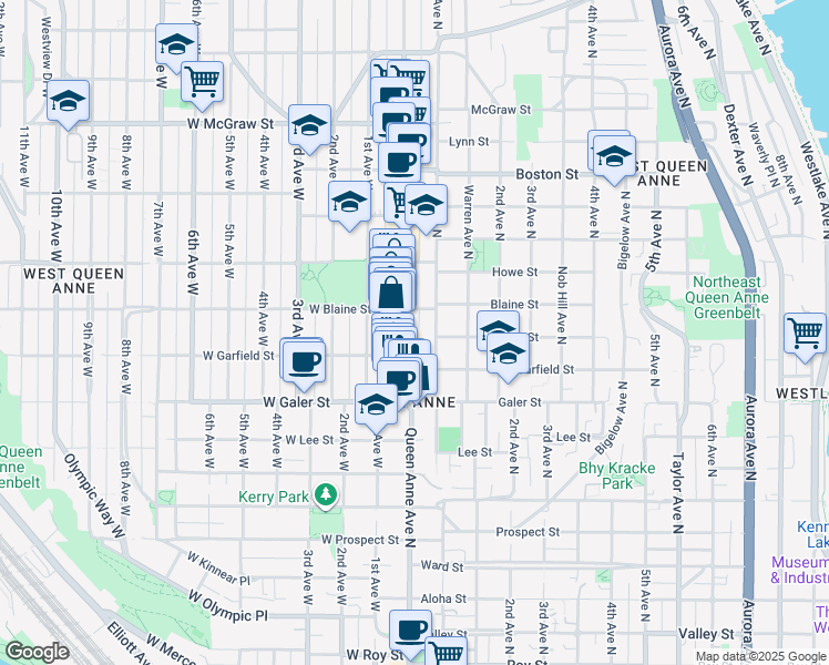 map of restaurants, bars, coffee shops, grocery stores, and more near 1616 Queen Anne Avenue North in Seattle