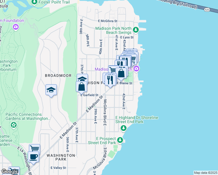 map of restaurants, bars, coffee shops, grocery stores, and more near 4000 East Madison Street in Seattle