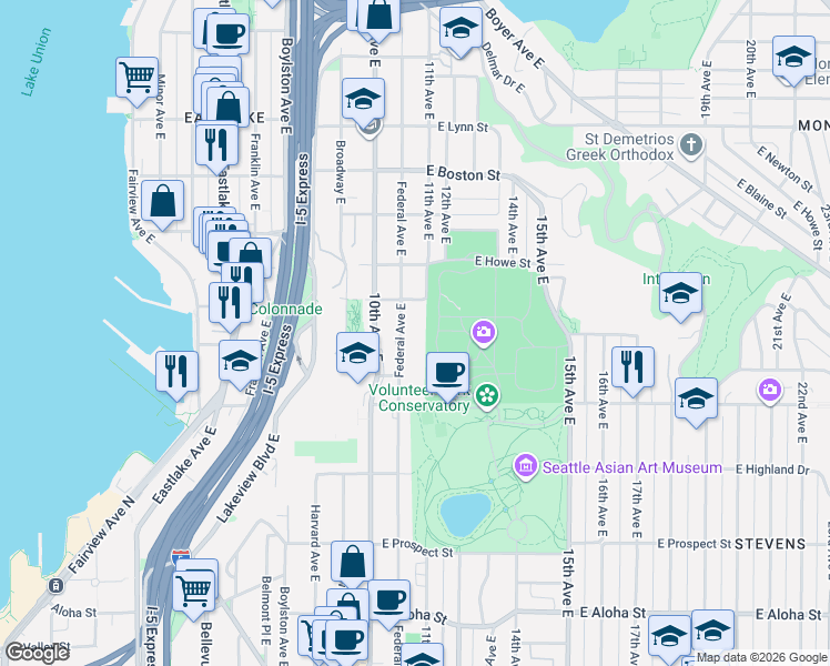 map of restaurants, bars, coffee shops, grocery stores, and more near 1642 Federal Avenue East in Seattle