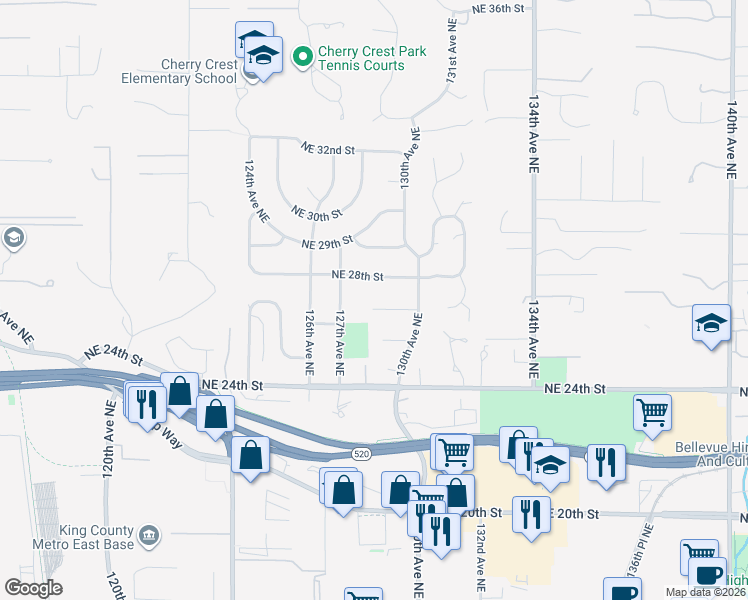map of restaurants, bars, coffee shops, grocery stores, and more near 12814 Northeast 26th Place in Bellevue