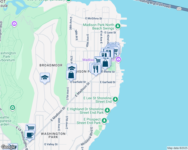 map of restaurants, bars, coffee shops, grocery stores, and more near 1613 McGilvra Boulevard East in Seattle