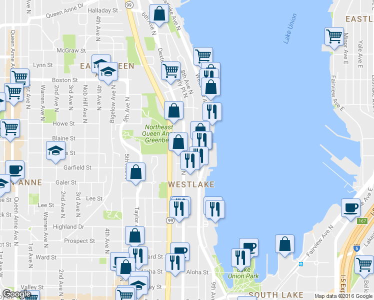 map of restaurants, bars, coffee shops, grocery stores, and more near 762 Hayes Street in Seattle
