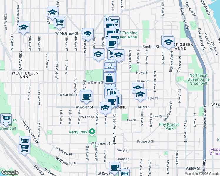 map of restaurants, bars, coffee shops, grocery stores, and more near 1612 1st Avenue West in Seattle